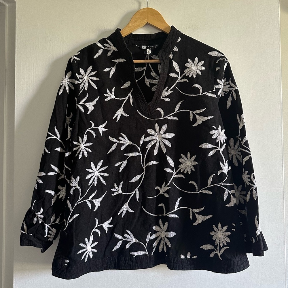 Vintage Carole Little Black/White Floral Embroidered Linen Blend Top size Large - Picture 1 of 4